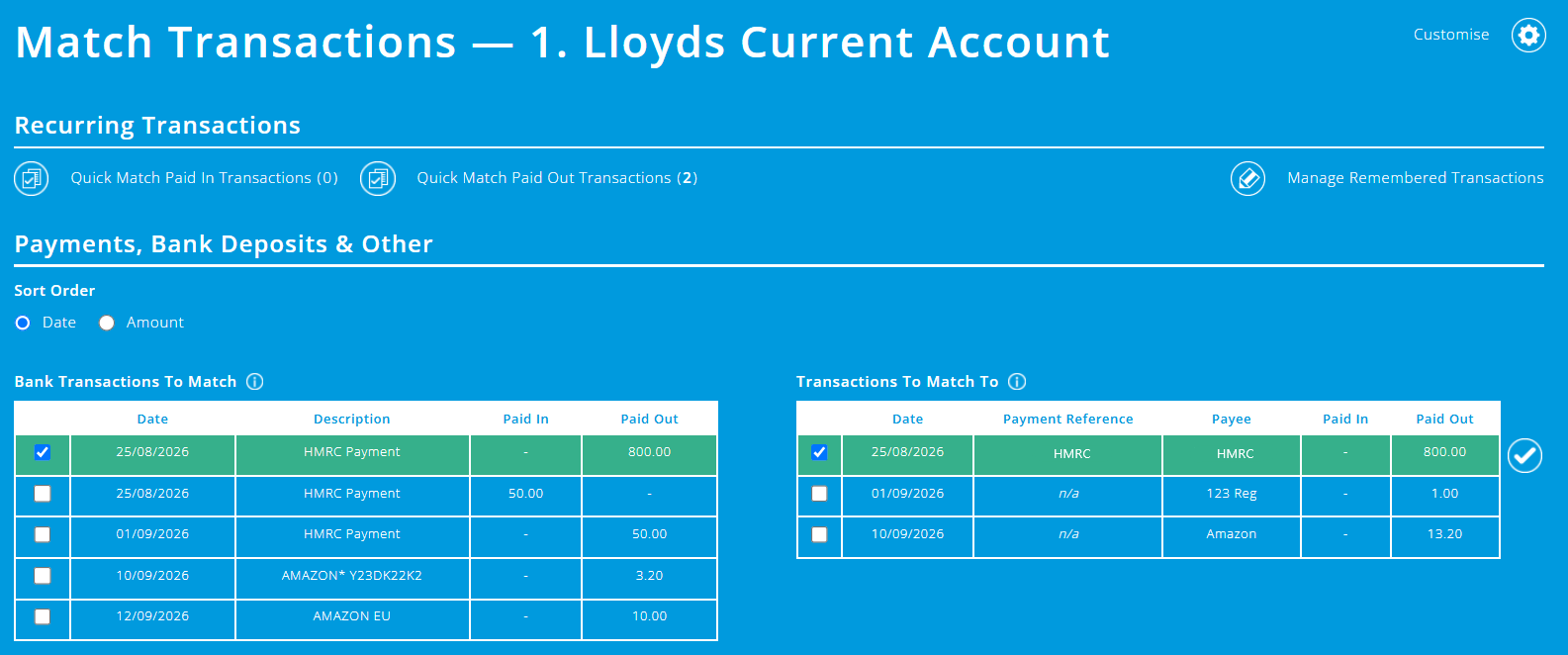ExpensePlus screenshot of the Match transactions screen, showing the 2 amounts to match