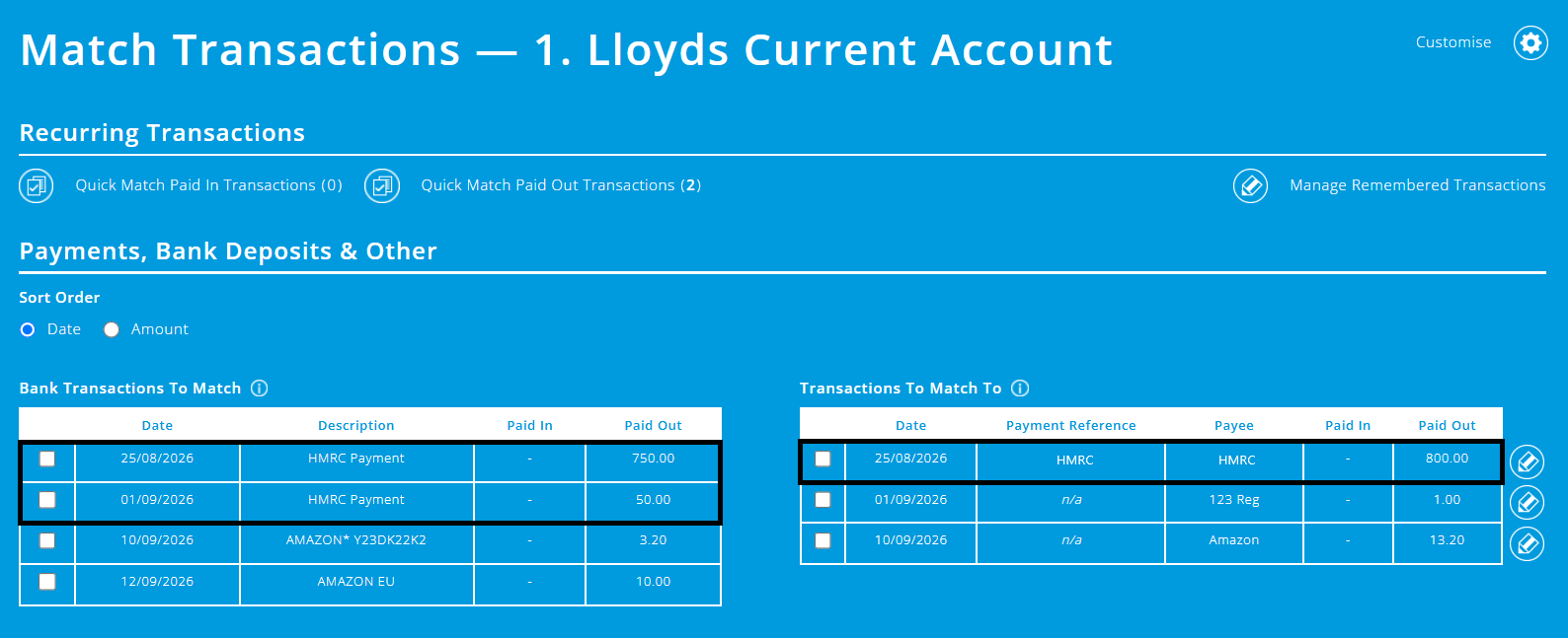 ExpensePlus Match Transactions screen