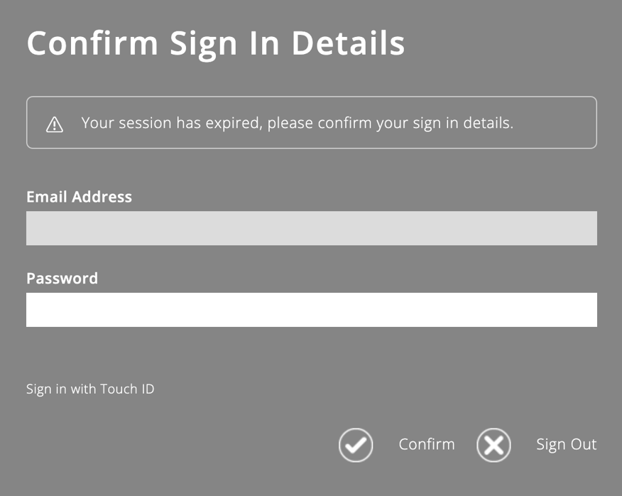 ExpensePlus screenshot of popup to confirm sign in details after inactivity