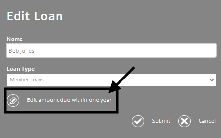 ExpensePlus Edit Loan pop-up highlighting the Edit amount due within one year button