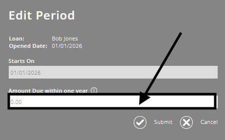 ExpensePlus Edit Period pop-up from the Loans module