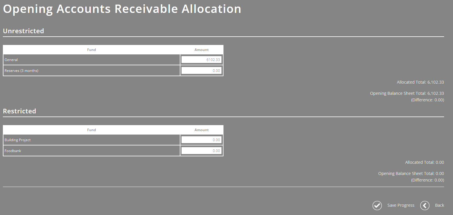 ExpensePlus Opening Accounts Receivable Allocation screen