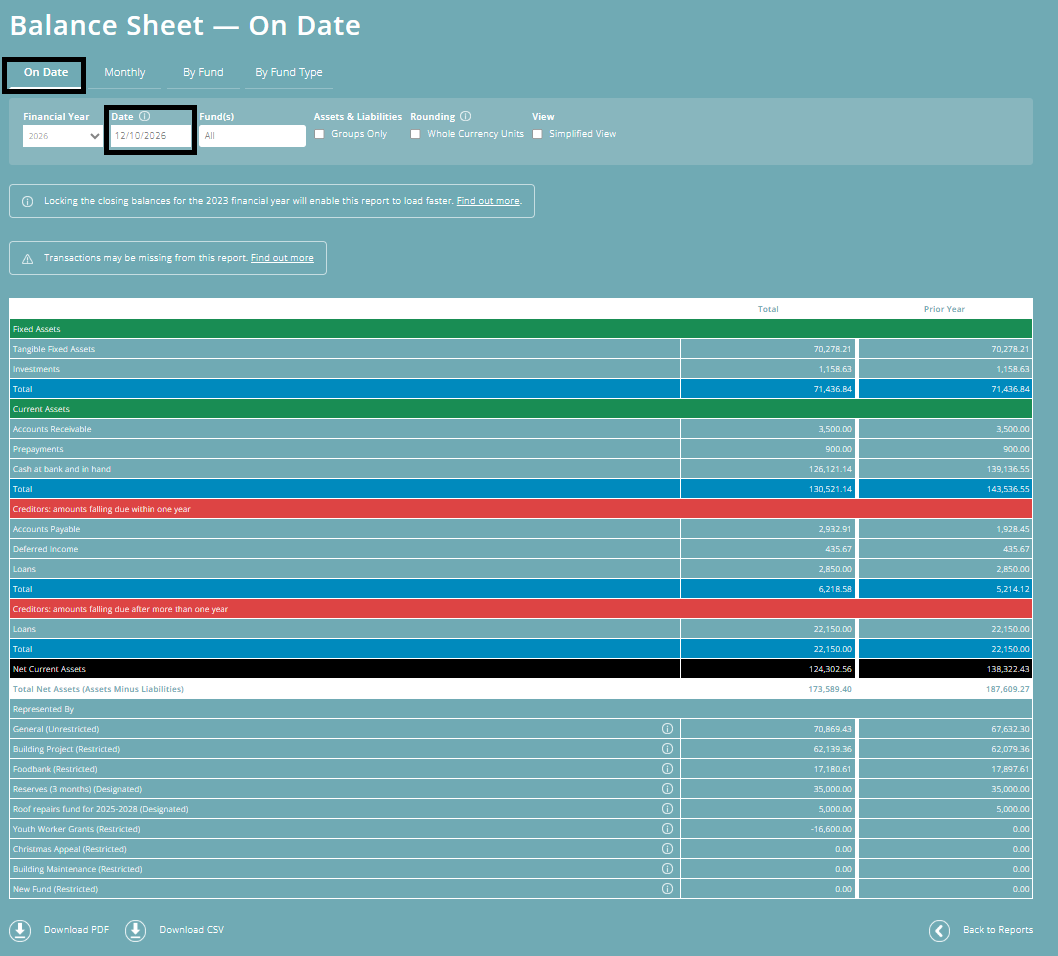 ExpensePlus screenshot of the 'Balance Sheet - On Date', highlighting the 'On Date' tab and 'Date' box