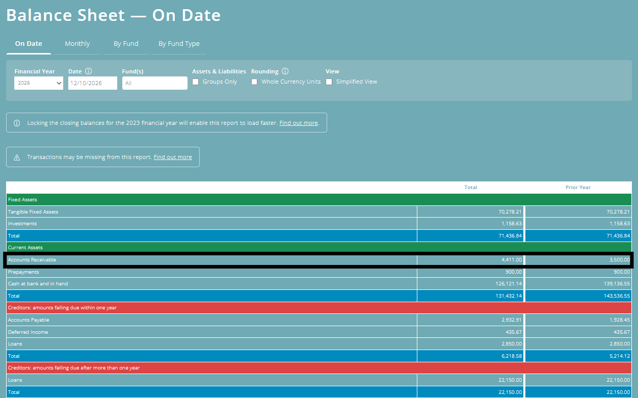 ExpensePlus screenshot showing accounts receivable line of Balance sheet.