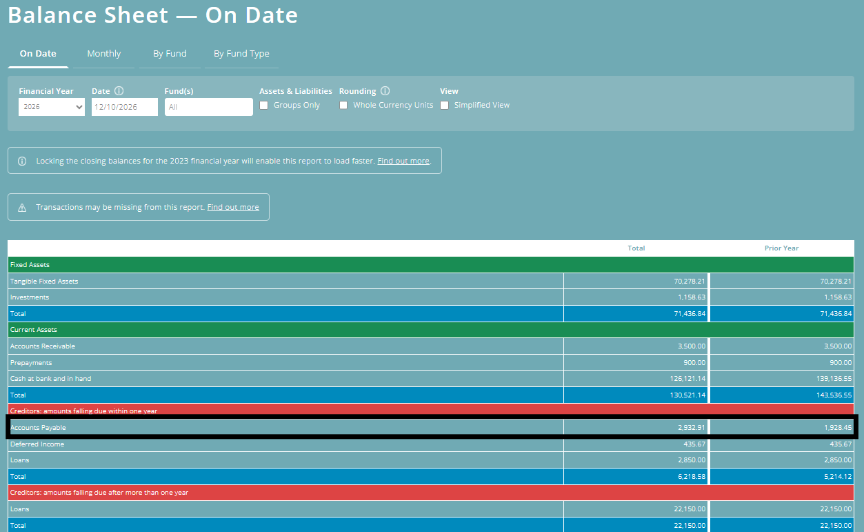 ExpensePlus Balance Sheet screen