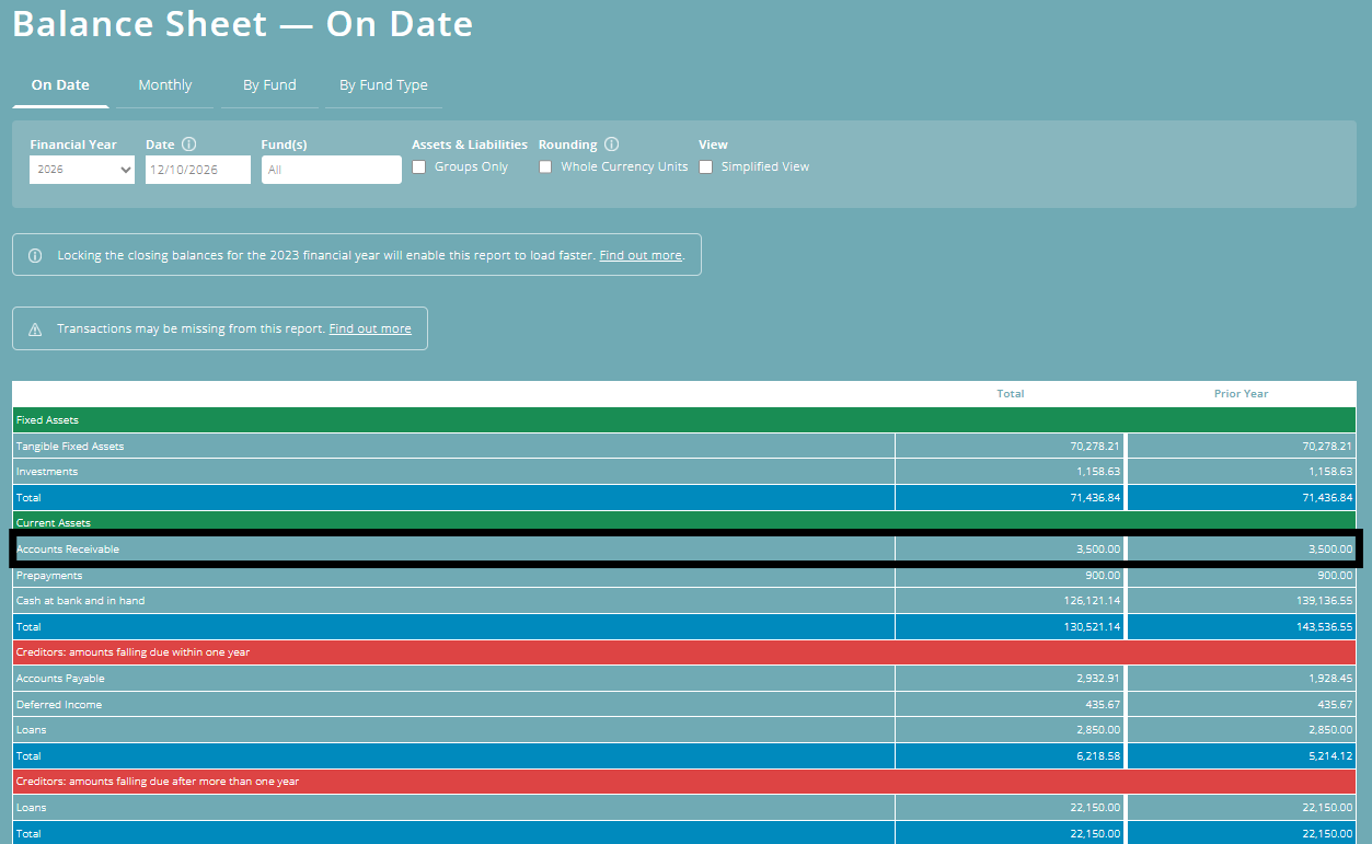 ExpensePlus Balance Sheet screen highlighting Accounts Receivable