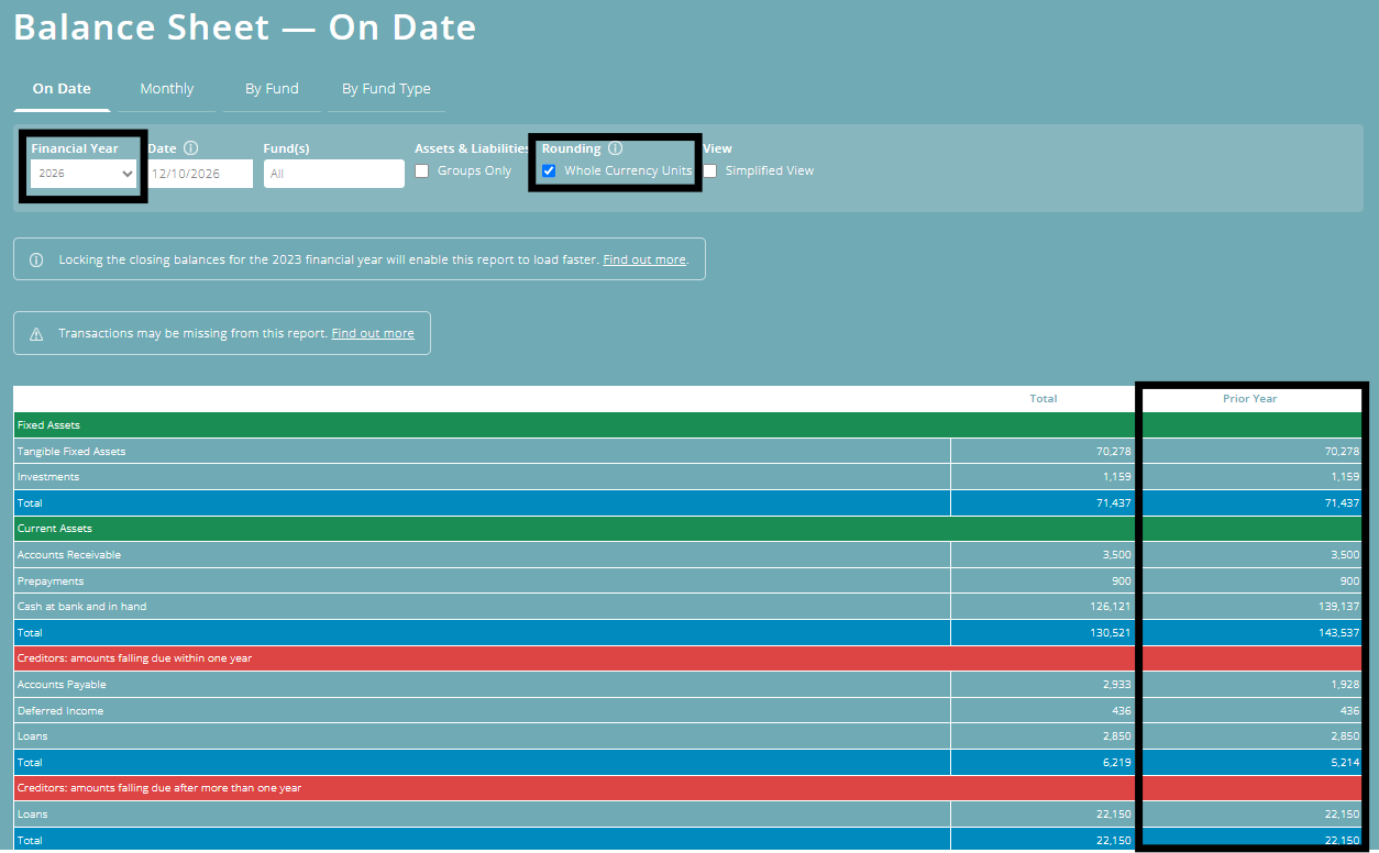 ExpensePlus screenshot of a balance sheet, highlighting 'Financial Year', 'Rounding' and 'Prior year'