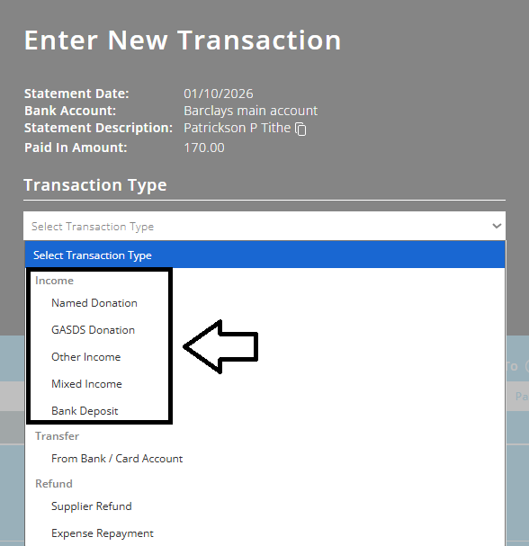 ExpensePlus pop-up for new transaction, highlighting the income types