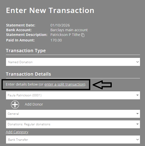 ExpensePlus popup for new transaction, highlighting the "enter a split transaction" link