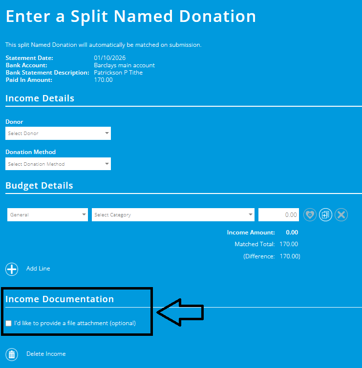 ExpensePlus screen to enter a split transaction, highlighting the box to add income documentation