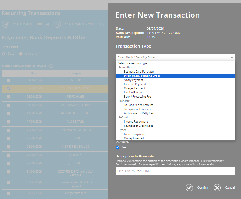 ExpensePlus screenshot of bank matching screen with new transaction popup, highlighting 'Direct Debit/Standing Order'