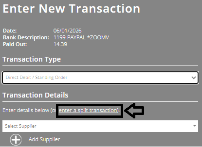 ExpensePlus screenshot of new transaction popup, highlighting 'enter a split transaction'