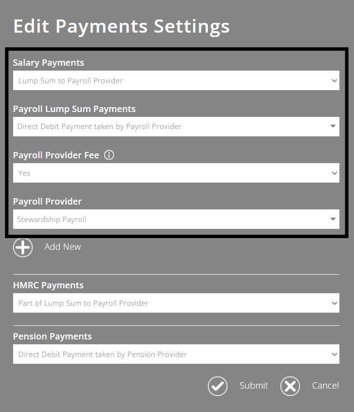 ExpensePlus Edit Payments Settings pop-up within the Payroll Settings screen