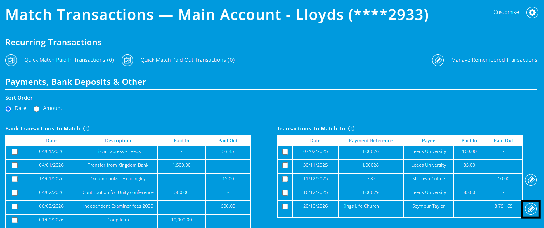 ExpensePlus Match Transactions screen highlighting the edit button mentioned above