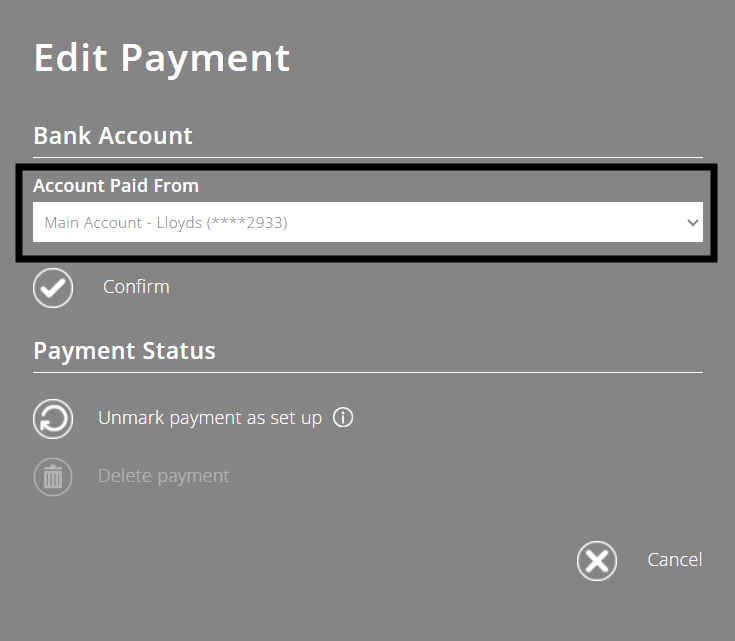 ExpensePlus Edit Payment pop-up highlighting the Account Paid From drop down menu