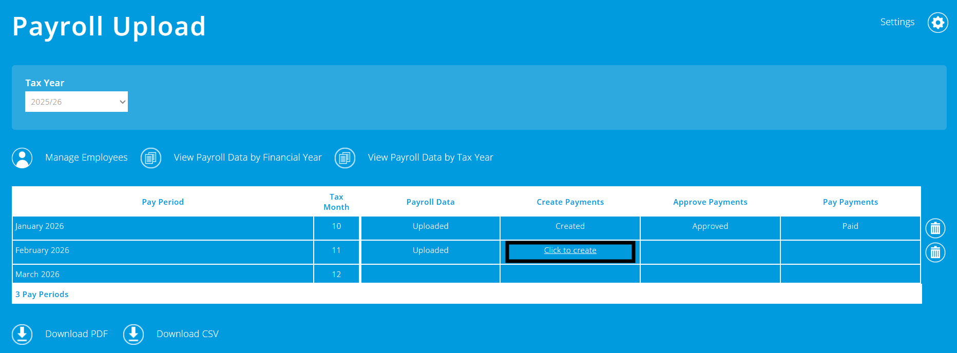 ExpensePlus Payroll Upload screen highlighting Click to create button