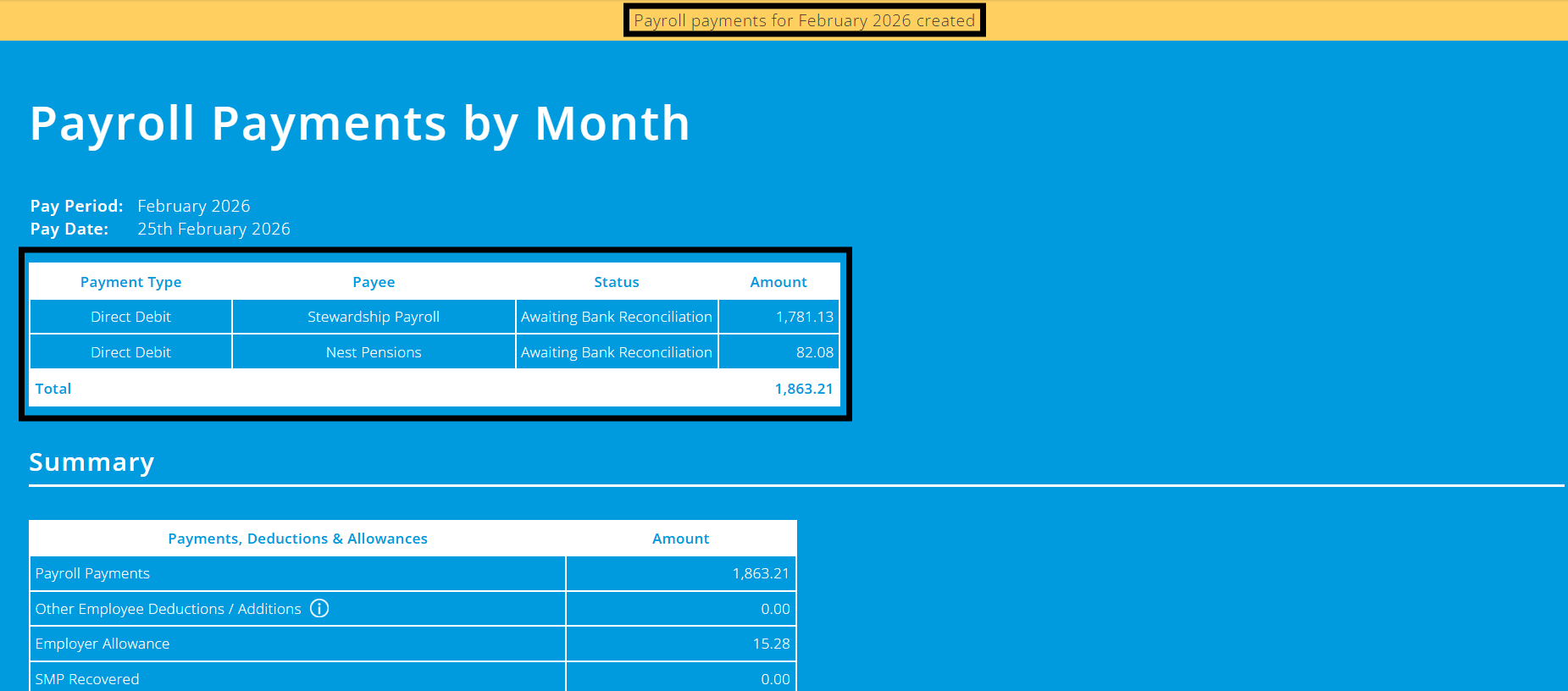 ExpensePlus Payroll Payments by Month screen highlighting the payroll payments that have been created and the yellow bar message mentioned above