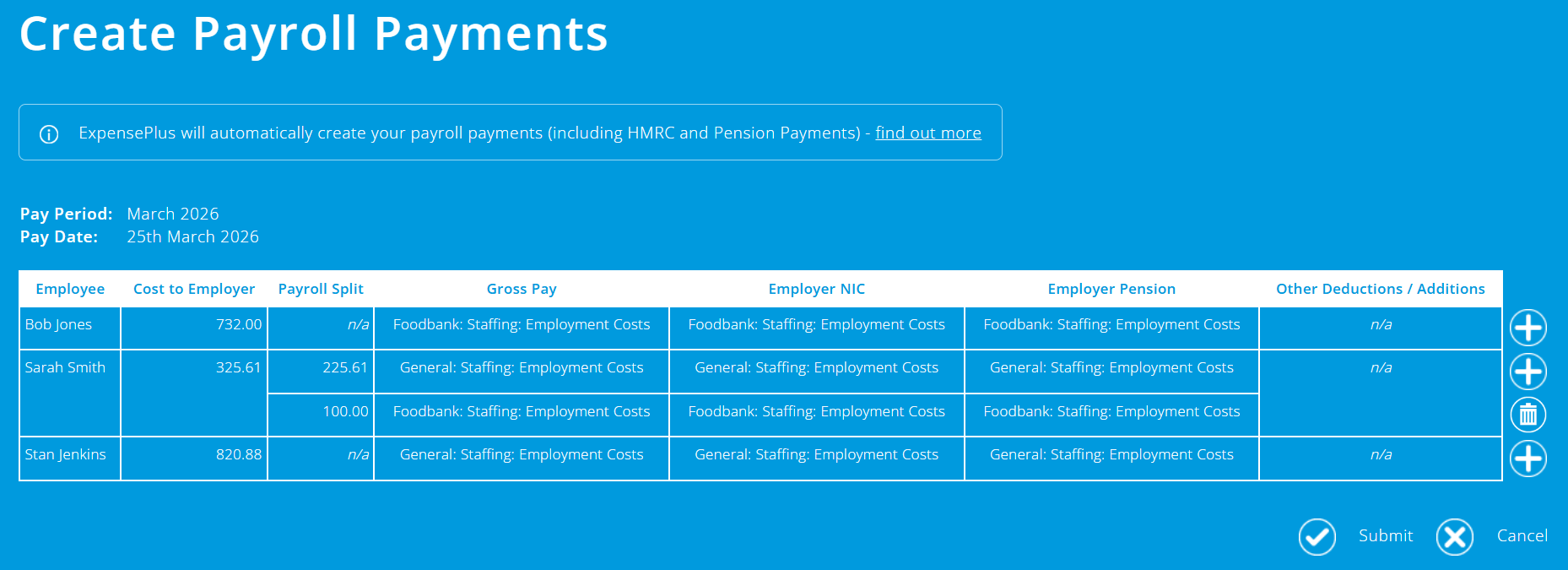 ExpensePlus Create Payroll Payments screen