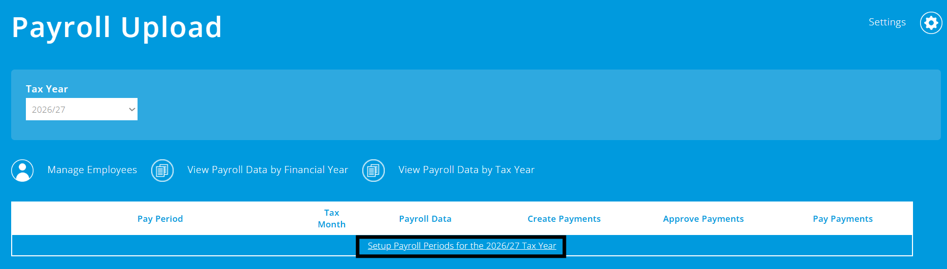 ExpensePlus Payroll Upload screen highlighting the Setup Payroll Periods for Tax Year button