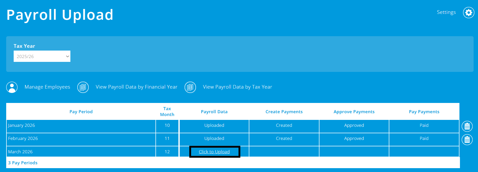 ExpensePlus Payroll Upload screen highlighting the Click to upload button