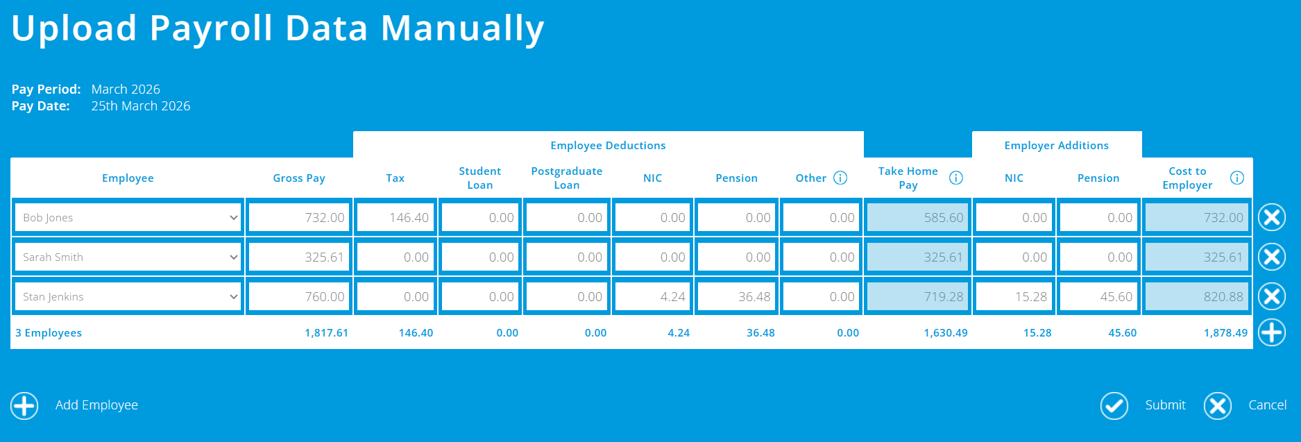 ExpensePlus Upload Payroll Data Manually screen
