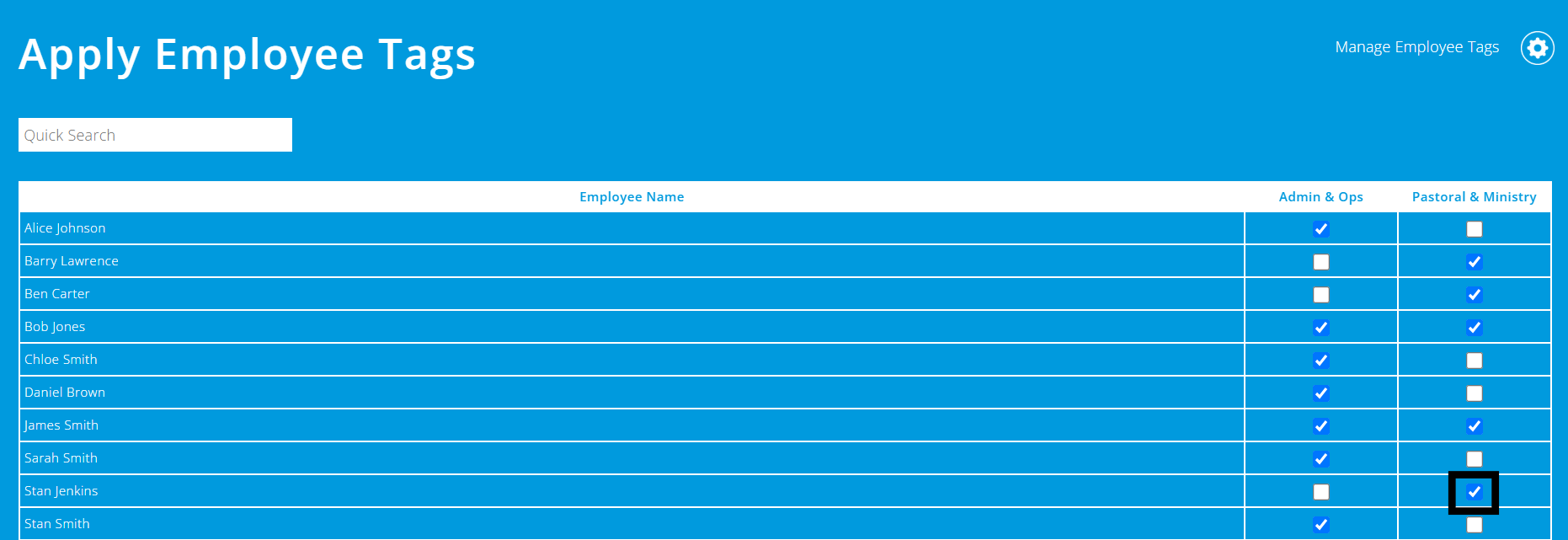 ExpensePlus Apply Employee Tags screen