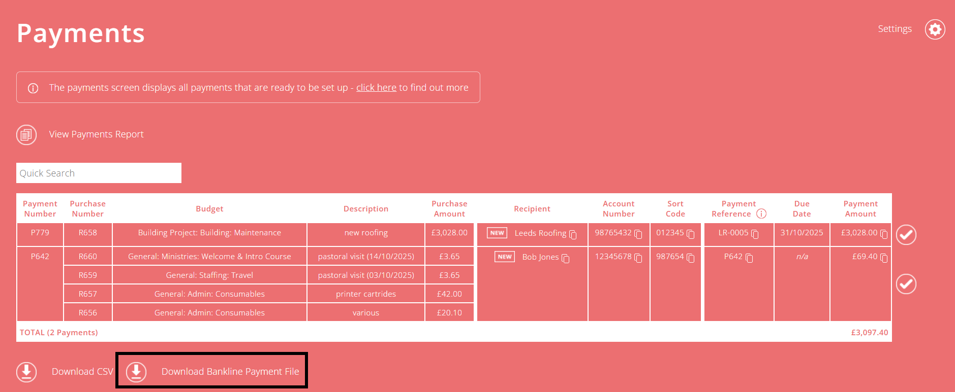 ExpensePlus screenshot of payments screen with option to download payment file