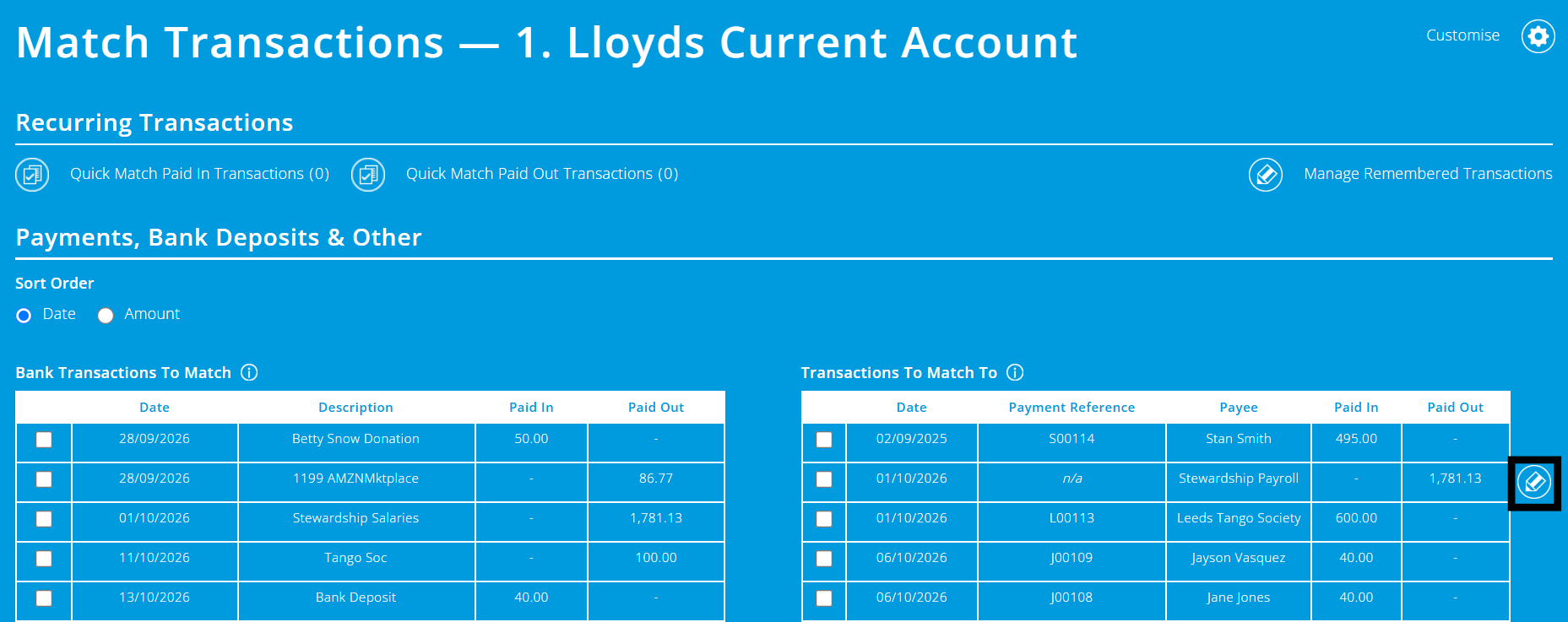 ExpensePLus Match Transactions screen highlighting the edit button