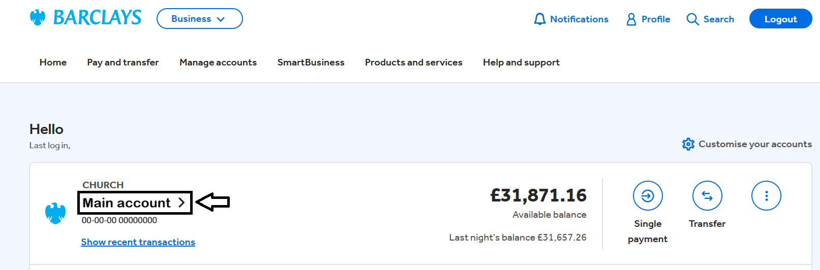 Barclays screenshot, highlighting the bank account name