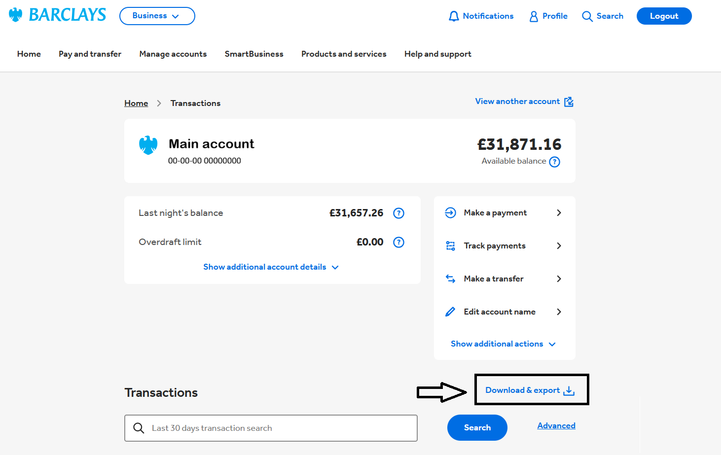 Barclays screenshot, highlighting the 'Download & export' link