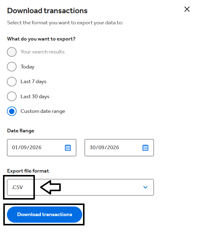 Barclays screenshot, highlighting the CSV file format, and the 'Download transactions' button
