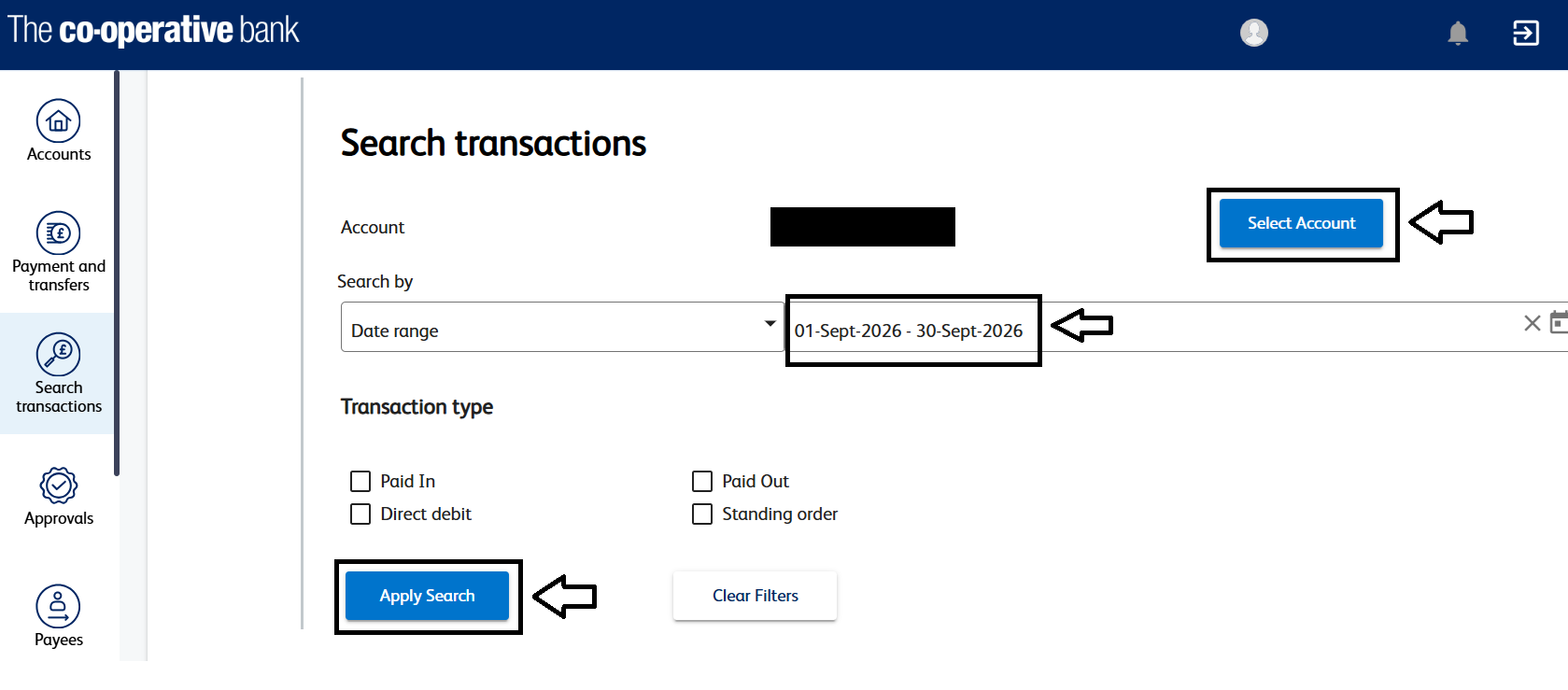 Co-op search transactions screenshot highlighting the Select Account icon, the date range option and the Apply Search icon