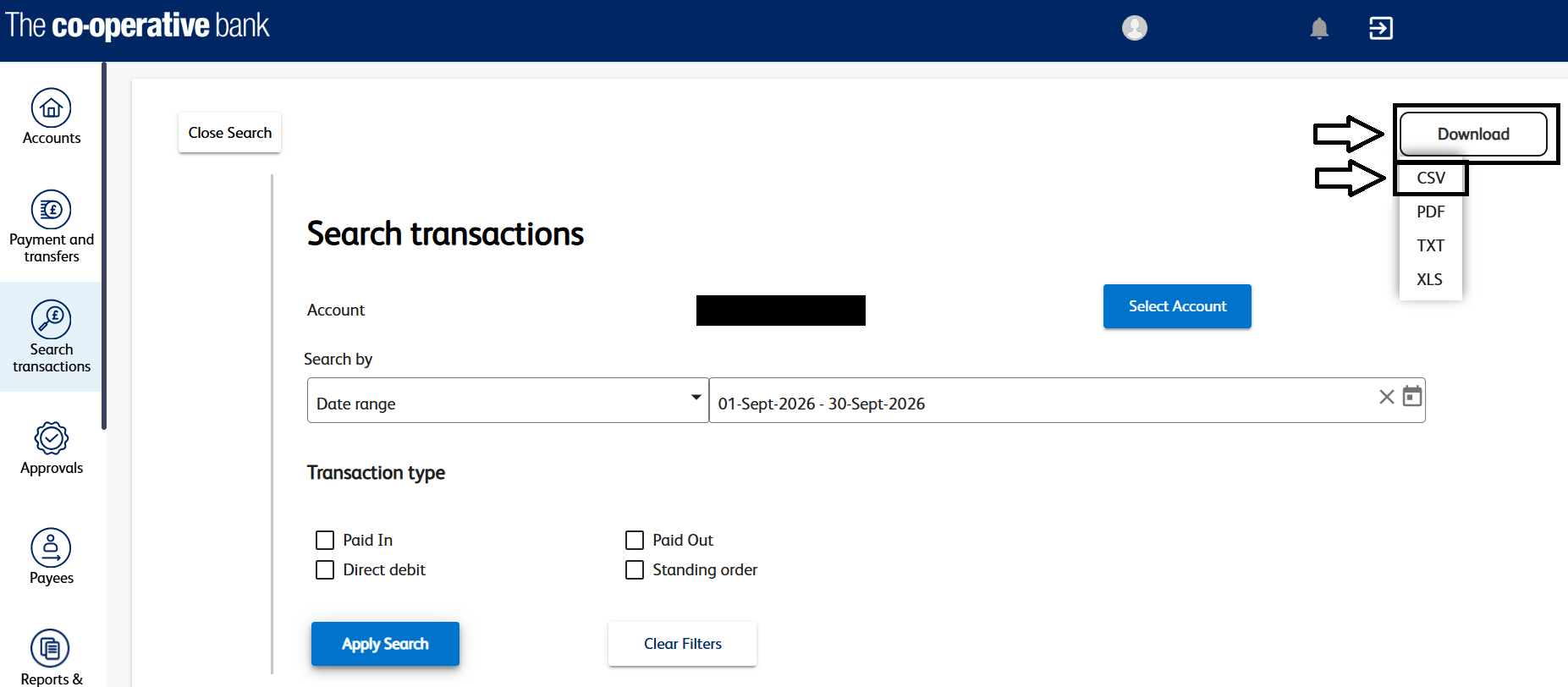 Co-op search transactions screenshot highlighting the Download button and the CSV option