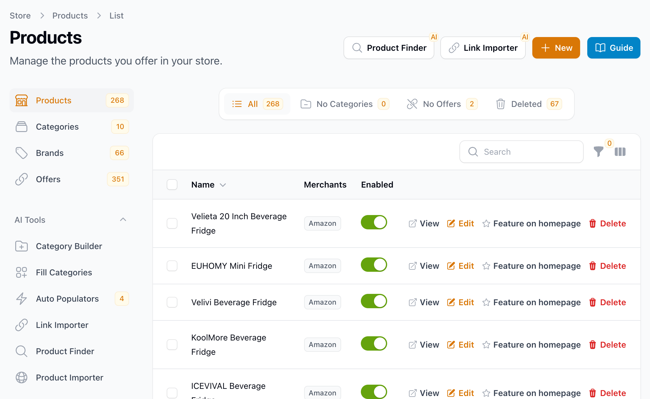 The Products page in the store admin, with the AI Tools menu