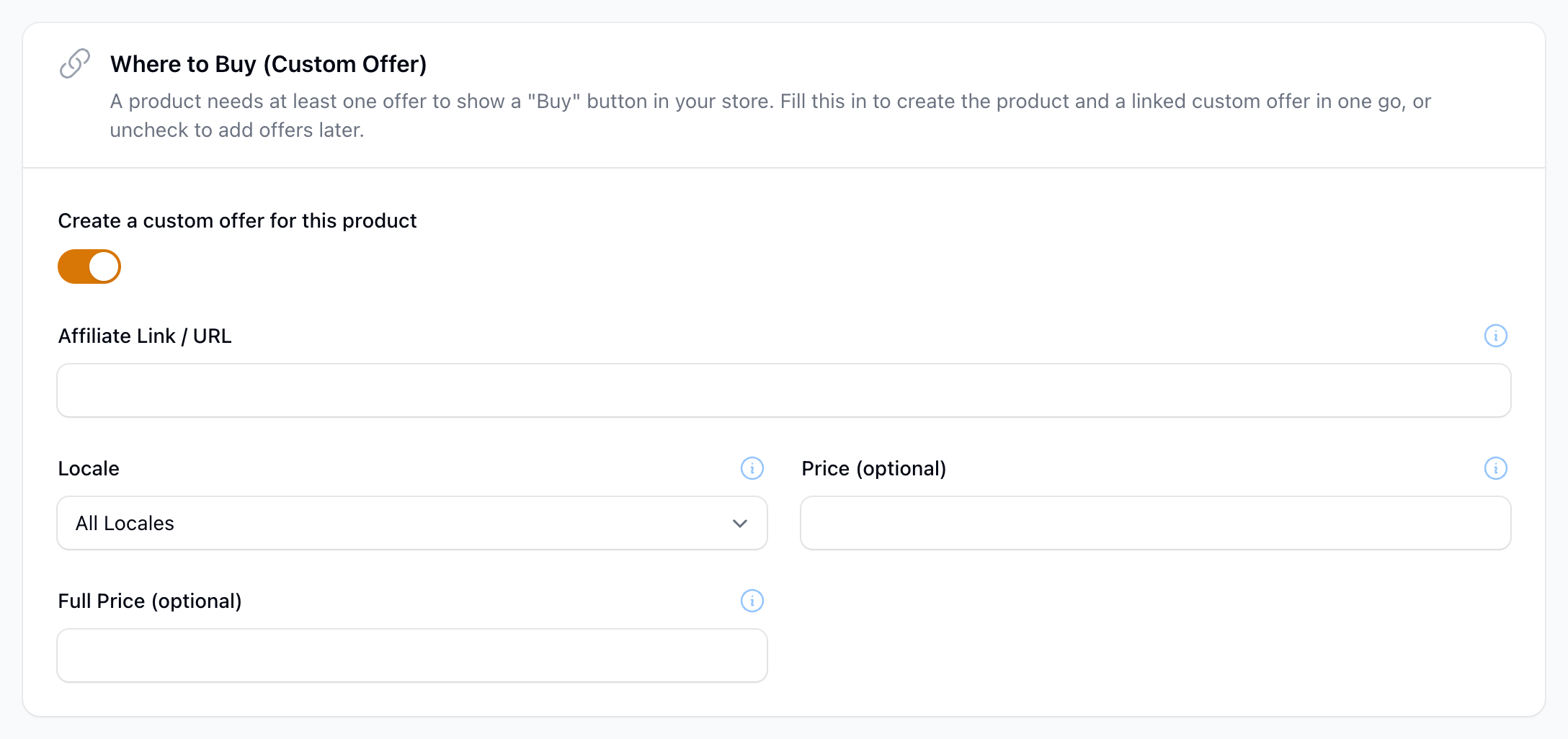 The Where to Buy (Custom Offer) section on a new product