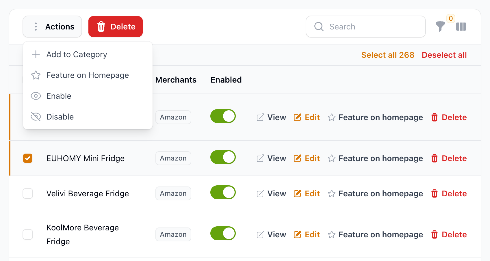 The Products list with two products ticked and the Actions menu open