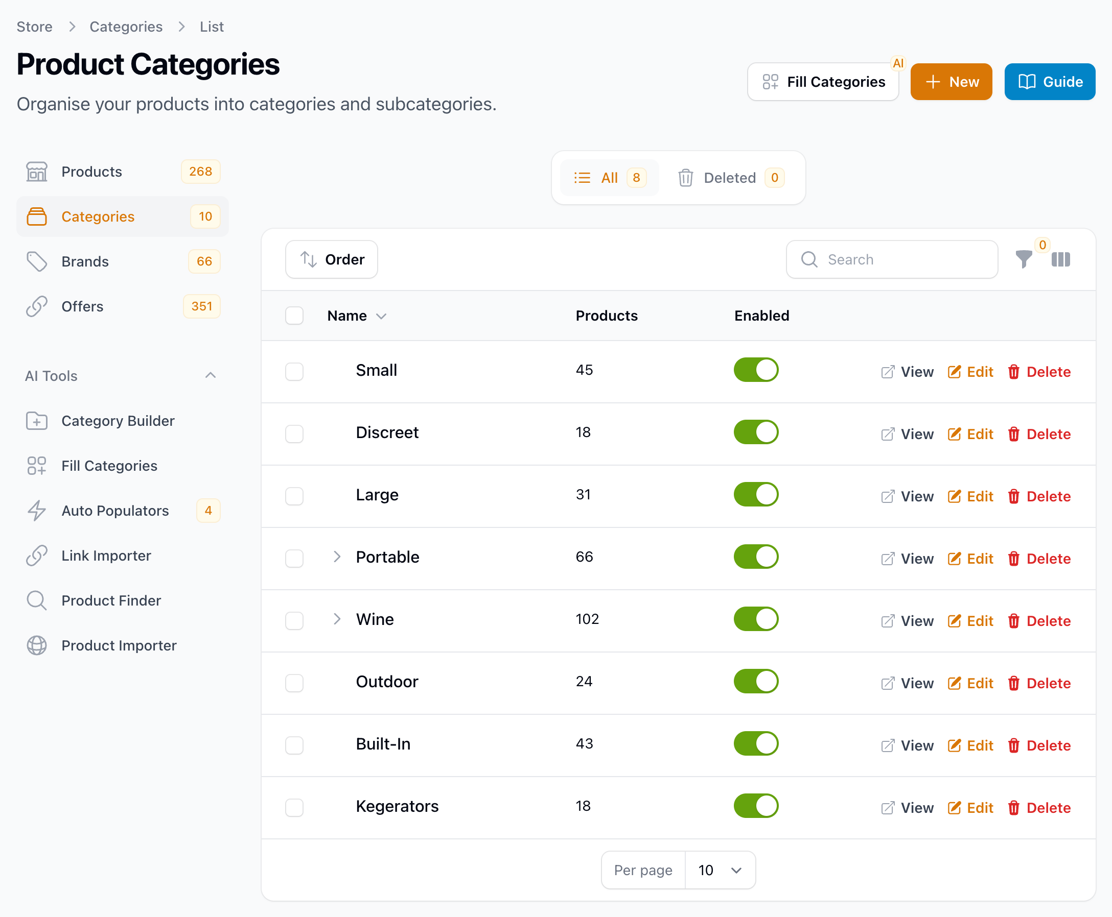 The Product Categories page, with the New and Order buttons