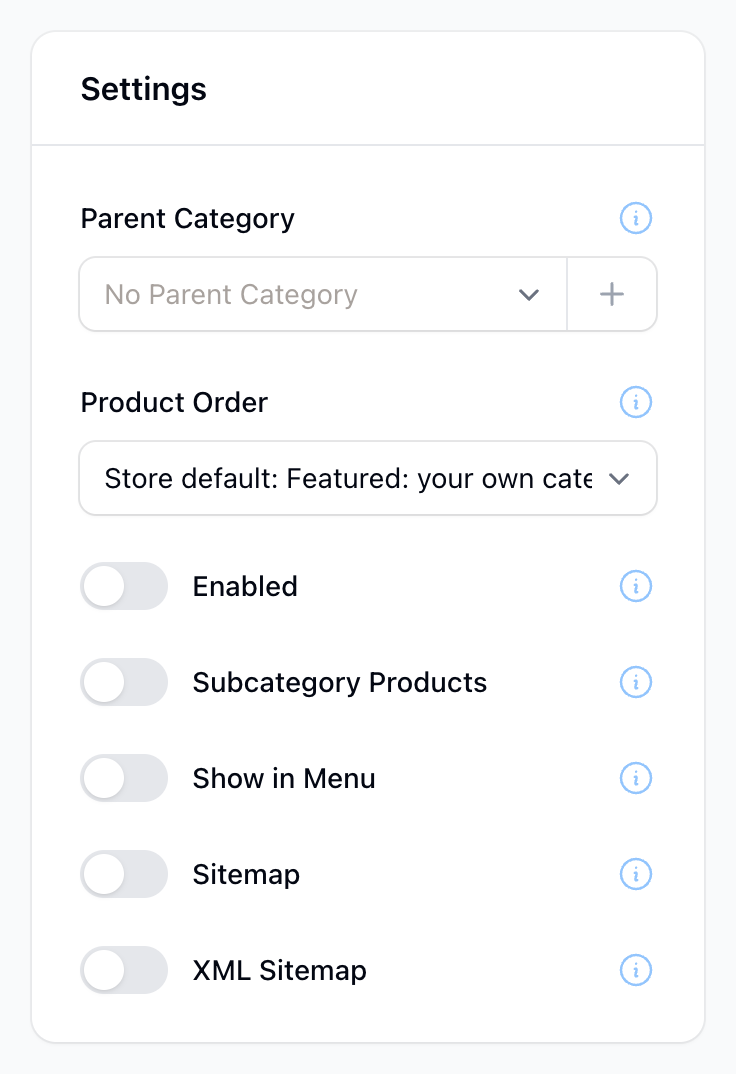 The Settings panel on a new category, with Parent Category at the top