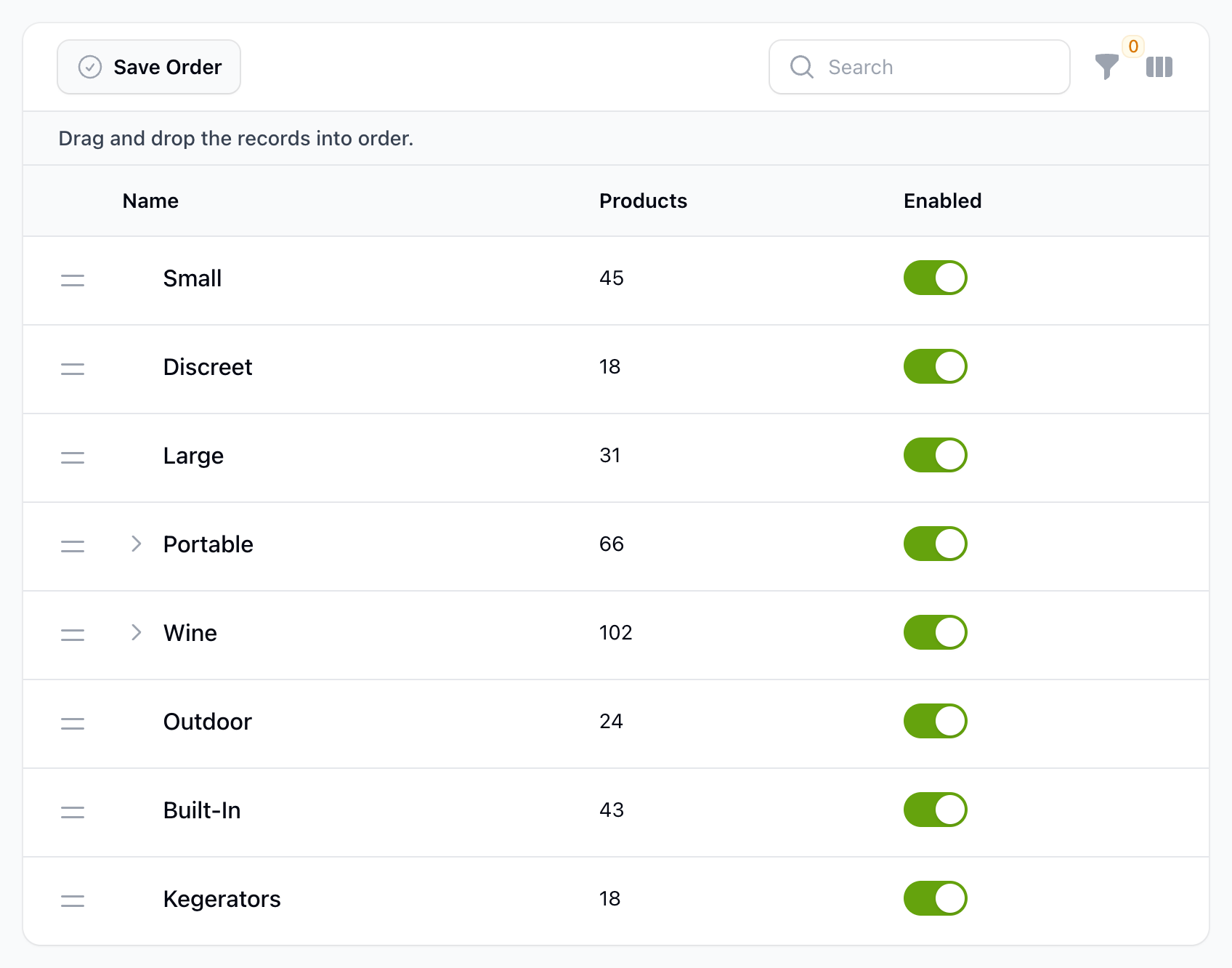 Categories in Order mode, ready to drag, with Save Order