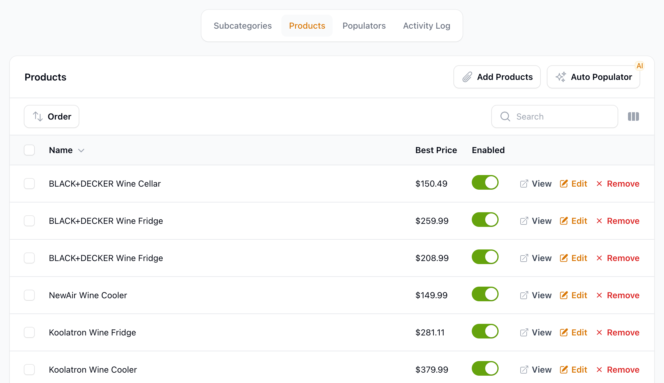 The Products tab on a category, with Add Products and Auto Populator