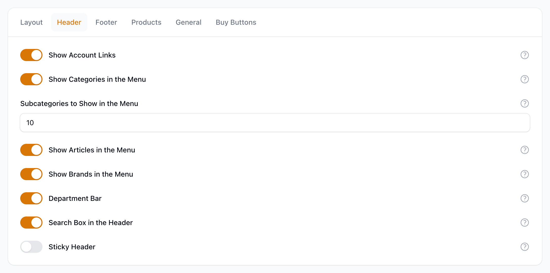 The Header tab in Store Options, with Subcategories to Show in the Menu