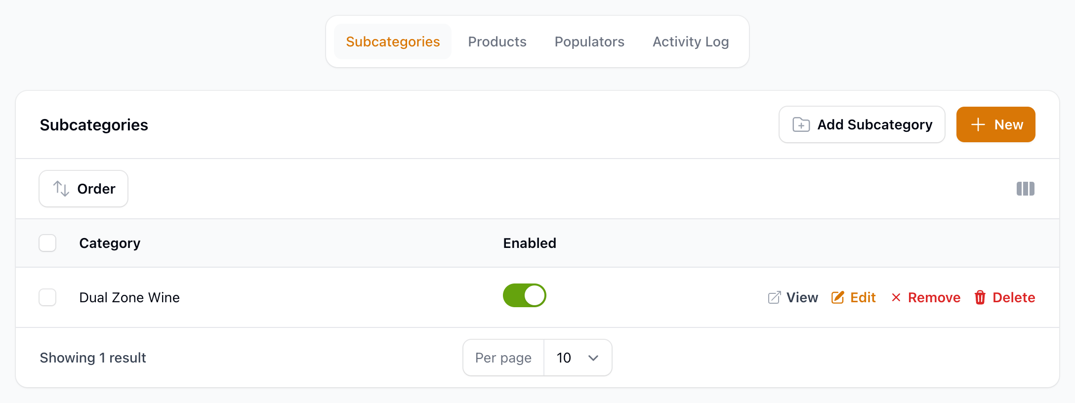 The Subcategories tab on a category, with Add Subcategory and New