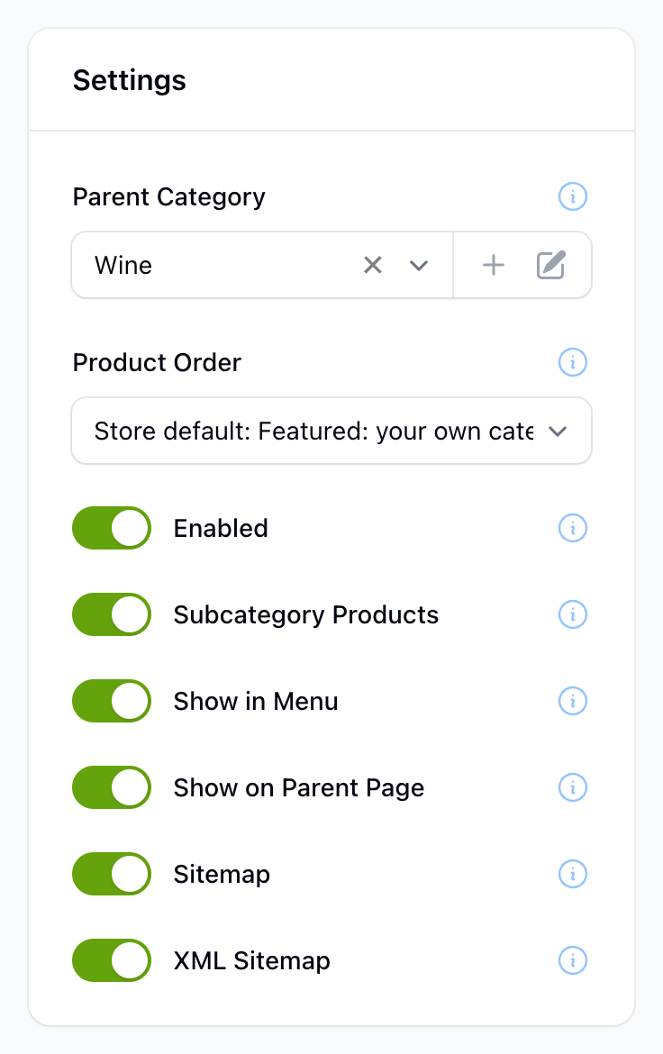 The Settings panel on a subcategory, with Enabled, Show in Menu and Show on Parent Page