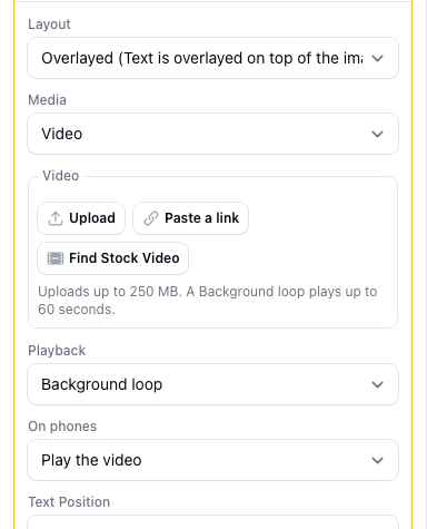 The Video box in the Hero settings, with the Upload, Paste a link and Find Stock Video buttons