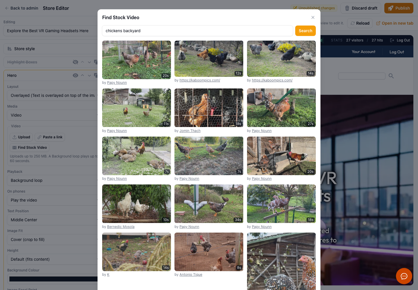The Find Stock Video window showing search results for chickens backyard