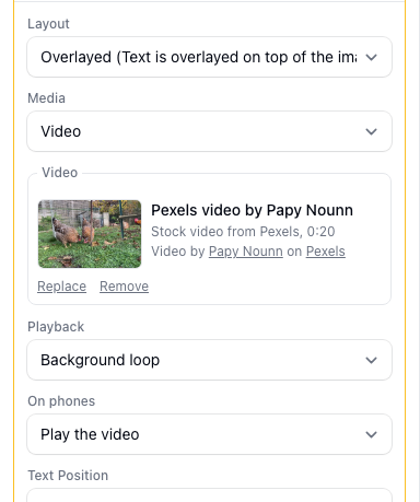 A stock video ready in the Video box, with Playback set to Background loop