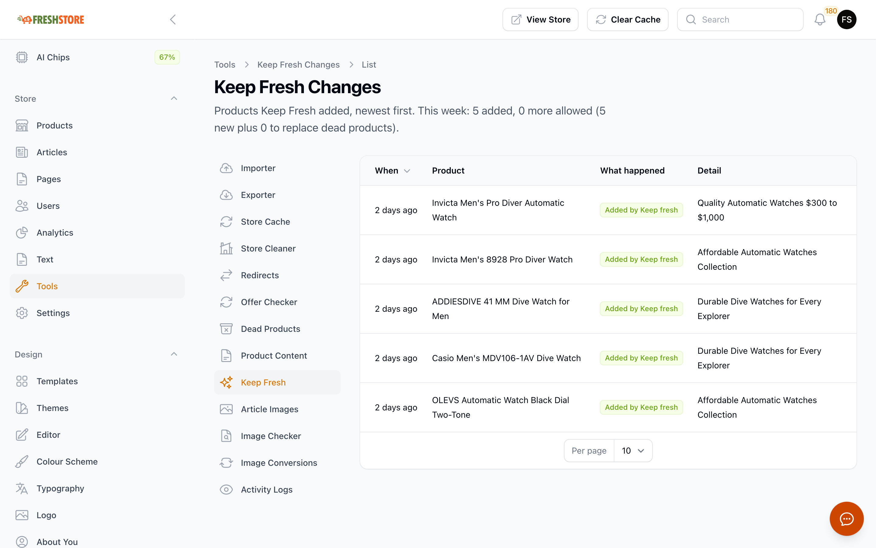 Tools, Keep Fresh, listing the products Keep Fresh added