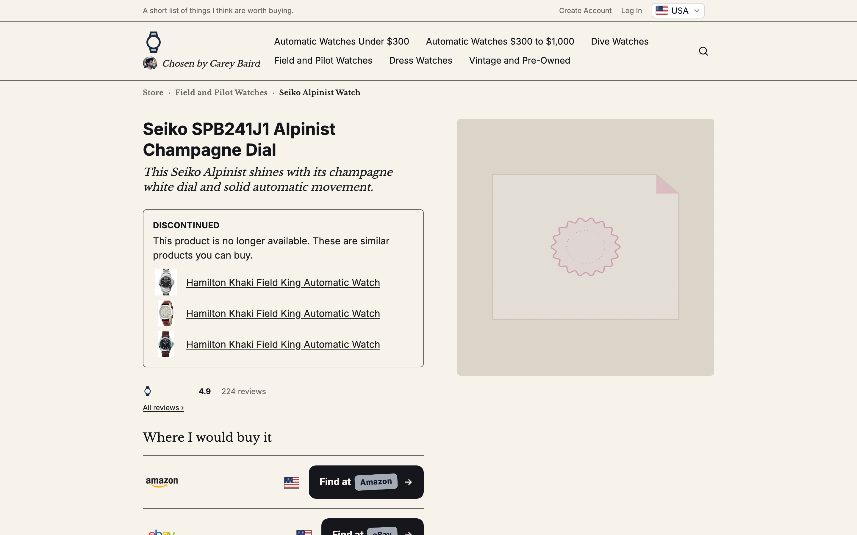 A product page kept as Discontinued, with similar products to buy