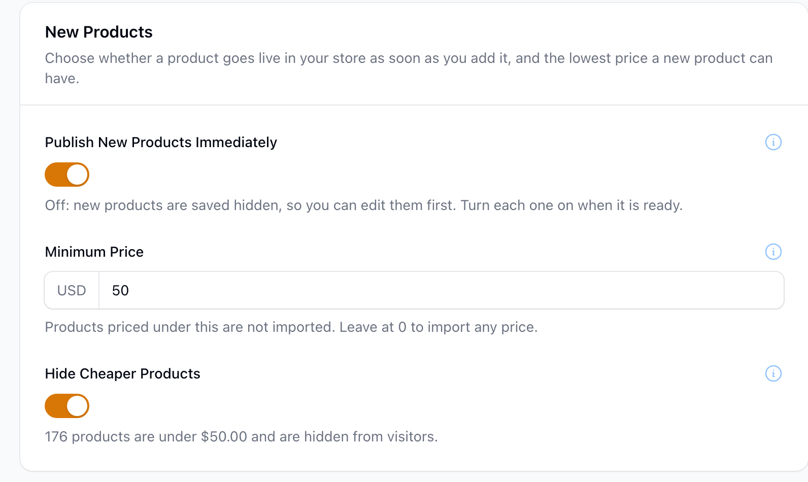 The New Products section of Store Settings, Products, with Minimum Price set to $50 and Hide Cheaper Products on