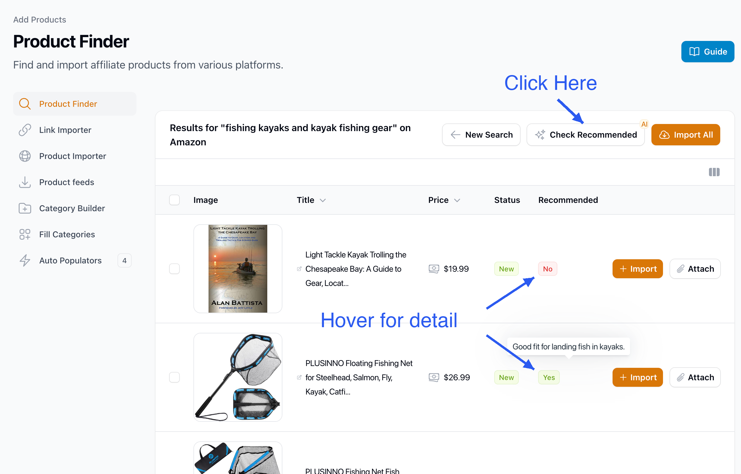 Product Finder results after Check Recommended, with a Yes or No badge on each product